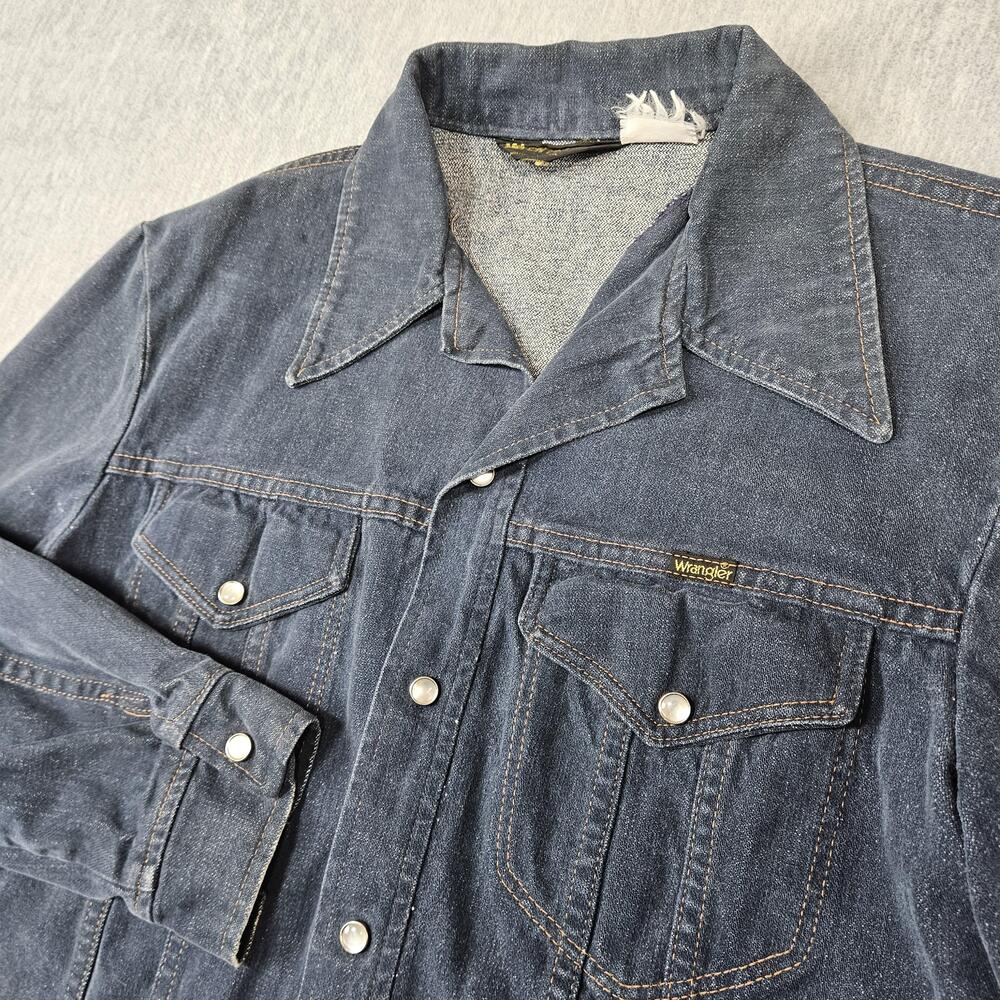 VTG Wrangler Denim Jacket Mens M/L? Pearl Snap Shacket Shirt Jacket 70s Made USA